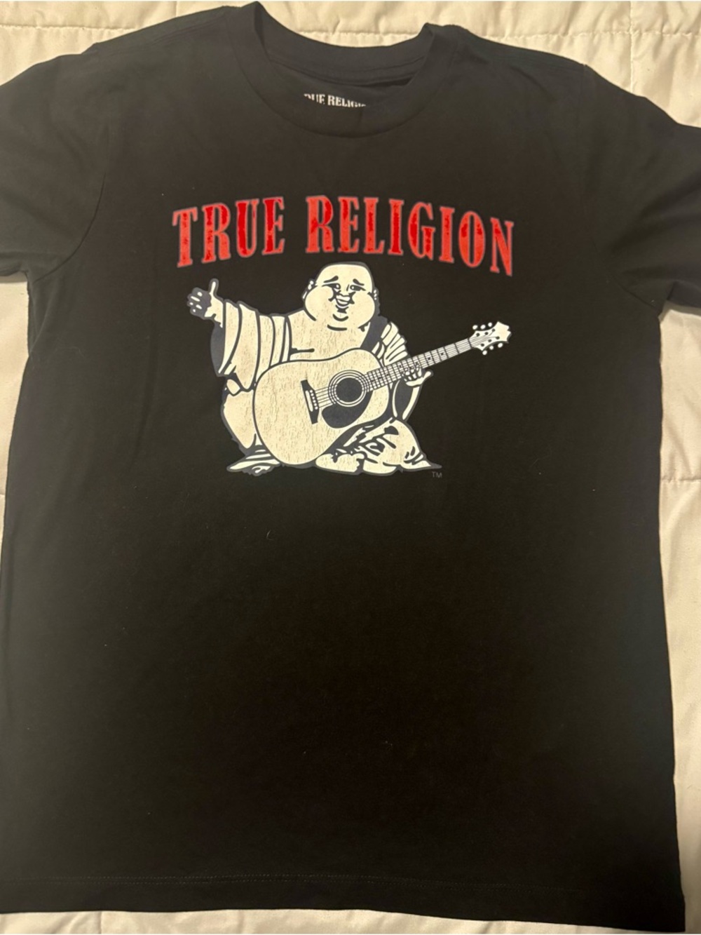 True Religion Black Tee with Red Logo and Cream Graphic Buddha
